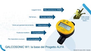 QALCOSONIC W1: la base del Progetto ALFA
Durata batteria
Alta precisione (R800)
Allarmistica
Compattezza
Leggere bene…
Nel tempo…
Vicino ad operatori ed al cliente…
Facile da installare …
Comunicazione
Per rispondere ovunque …
Sulla strada
di un giusto
futuro …
 