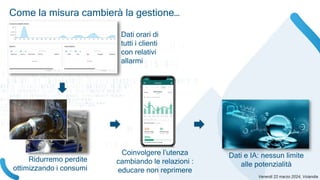 Come la misura cambierà la gestione…
Dati orari di
tutti i clienti
con relativi
allarmi
Ridurremo perdite
ottimizzando i consumi
Coinvolgere l’utenza
cambiando le relazioni :
educare non reprimere
Dati e IA: nessun limite
alle potenzialità
 