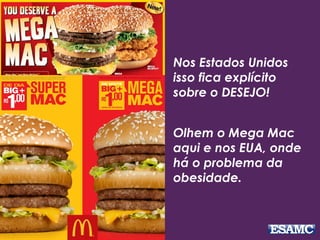 Nos Estados Unidos
isso fica explícito
sobre o DESEJO!
Olhem o Mega Mac
aqui e nos EUA, onde
há o problema da
obesidade.
 