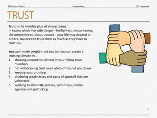 15
|
03. Teamwork
Teambuilding
MTL Course Topics
TRUST
Trust is the invisible glue of strong teams.
In teams which live with danger - firefighters, rescue teams,
the armed forces, circus troupes - your life may depend on
others. You need to trust them as much as they have to
trust you.
You can't make people trust you but you can create a
trusting climate by...
1. showing unconditional trust in your fellow team
members
2. not withdrawing trust even when others let you down
3. keeping your promises
4. disclosing weaknesses and parts of yourself that are
vulnerable
5. working to eliminate secrecy, selfishness, hidden
agendas and politicking.
 