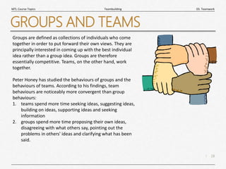 18
|
03. Teamwork
Teambuilding
MTL Course Topics
GROUPS AND TEAMS
Groups are defined as collections of individuals who come
together in order to put forward their own views. They are
principally interested in coming up with the best individual
idea rather than a group idea. Groups are therefore
essentially competitive. Teams, on the other hand, work
together.
Peter Honey has studied the behaviours of groups and the
behaviours of teams. According to his findings, team
behaviours are noticeably more convergent than group
behaviours:
1. teams spend more time seeking ideas, suggesting ideas,
building on ideas, supporting ideas and seeking
information
2. groups spend more time proposing their own ideas,
disagreeing with what others say, pointing out the
problems in others' ideas and clarifying what has been
said.
 