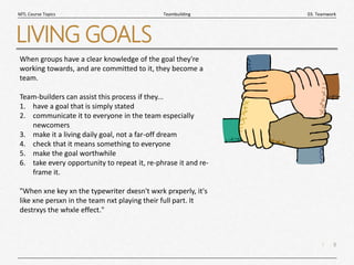 8
|
03. Teamwork
Teambuilding
MTL Course Topics
LIVING GOALS
When groups have a clear knowledge of the goal they're
working towards, and are committed to it, they become a
team.
Team-builders can assist this process if they...
1. have a goal that is simply stated
2. communicate it to everyone in the team especially
newcomers
3. make it a living daily goal, not a far-off dream
4. check that it means something to everyone
5. make the goal worthwhile
6. take every opportunity to repeat it, re-phrase it and re-
frame it.
"When xne key xn the typewriter dxesn't wxrk prxperly, it's
like xne persxn in the team nxt playing their full part. It
destrxys the whxle effect."
 