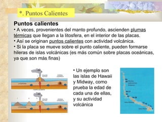 Puntos calientes   A veces, provenientes del manto profundo, ascienden  plumas térmicas  que llegan a la litosfera, en el interior de las placas. Así se originan  puntos calientes  con actividad volcánica. Si la placa se mueve sobre el punto caliente, pueden formarse hileras de islas volcánicas (es más común sobre placas oceánicas, ya que son más finas) Un ejemplo son las islas de Hawaii y Midway, como prueba la edad de cada una de ellas, y su actividad volcánica *. Puntos Calientes 