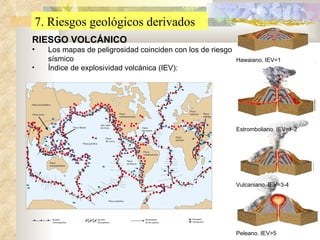 7. Riesgos geológicos derivados RIESGO VOLCÁNICO Los mapas de peligrosidad coinciden con los de riesgo sísmico Índice de explosividad volcánica (IEV): Hawaiano. IEV=1 Estromboliano. IEV=1-2 Vulcaniano. IEV=3-4 Peleano. IEV>5 