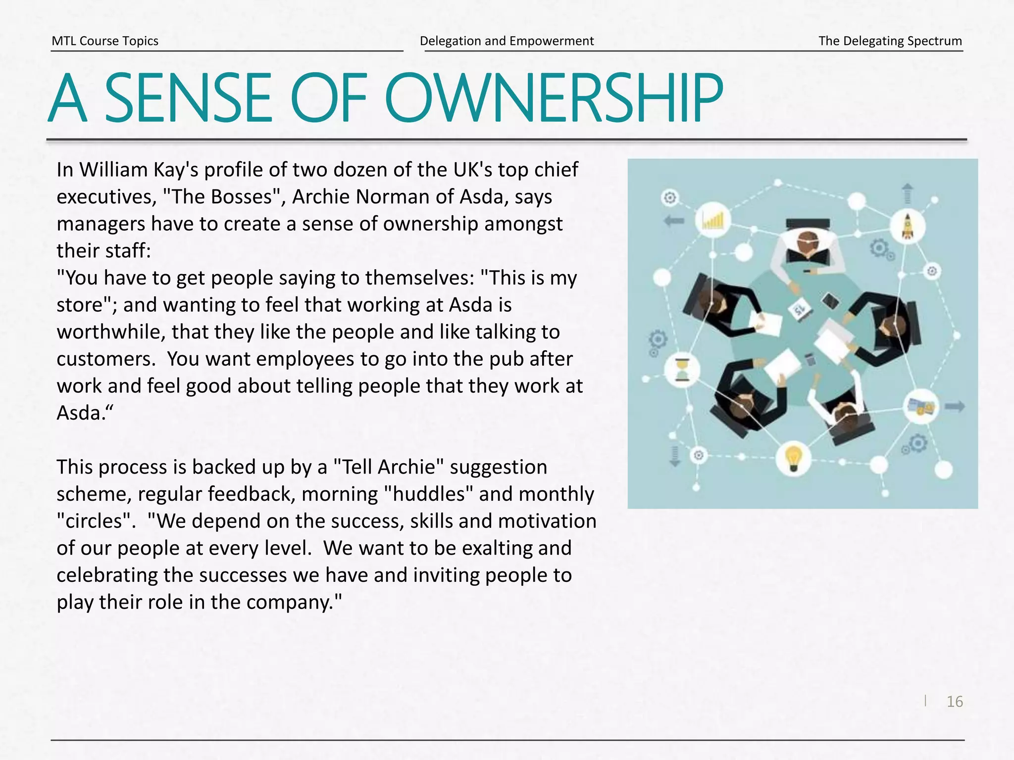 16
|
The Delegating Spectrum
Delegation and Empowerment
MTL Course Topics
A SENSE OF OWNERSHIP
In William Kay's profile of two dozen of the UK's top chief
executives, "The Bosses", Archie Norman of Asda, says
managers have to create a sense of ownership amongst
their staff:
"You have to get people saying to themselves: "This is my
store"; and wanting to feel that working at Asda is
worthwhile, that they like the people and like talking to
customers. You want employees to go into the pub after
work and feel good about telling people that they work at
Asda.“
This process is backed up by a "Tell Archie" suggestion
scheme, regular feedback, morning "huddles" and monthly
"circles". "We depend on the success, skills and motivation
of our people at every level. We want to be exalting and
celebrating the successes we have and inviting people to
play their role in the company."
 