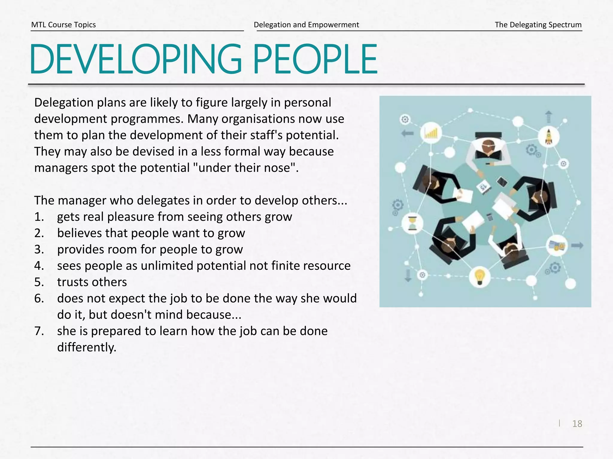 18
|
The Delegating Spectrum
Delegation and Empowerment
MTL Course Topics
DEVELOPING PEOPLE
Delegation plans are likely to figure largely in personal
development programmes. Many organisations now use
them to plan the development of their staff's potential.
They may also be devised in a less formal way because
managers spot the potential "under their nose".
The manager who delegates in order to develop others...
1. gets real pleasure from seeing others grow
2. believes that people want to grow
3. provides room for people to grow
4. sees people as unlimited potential not finite resource
5. trusts others
6. does not expect the job to be done the way she would
do it, but doesn't mind because...
7. she is prepared to learn how the job can be done
differently.
 