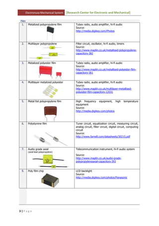 Electronusa Mechanical System     [Research Center for Electronic and Mechanical]

Film
 1.  Metalized polypropylene film              Tubes radio, audio amplifier, hi-fi audio
                                               Source:
                                               http://media.digikey.com/Photos



 2.    Multilayer polypropylene                Filter circuit, oscillator, hi-fi audio, timers
                                               Source:
                                               http://www.maplin.co.uk/metallised-polypropylene-
                                               capacitors-382


 3.    Metalized polyester film                Tubes radio, audio amplifier, hi-fi audio
                                               Source:
                                               http://www.maplin.co.uk/metallised-polyester-film-
                                               capacitors-361


 4.    Multilayer metalized polyester          Tubes radio, audio amplifier, hi-fi audio
                                               Source:
                                               http://www.maplin.co.uk/multilayer-metallised-
                                               polyester-film-capacitors-12031


 5.    Metal foil polypropylene film           High frequency equipment, high              temperature
                                               equipment
                                               Source:
                                               http://media.digikey.com/photos



 6.    Polystyrene film                        Tuner circuit, equalization circuit, measuring circuit,
                                               analog circuit, filter circuit, digital circuit, computing
                                               circuit
                                               Source:
                                               http://www.farnell.com/datasheets/30215.pdf



 7.    Audio grade axial                       Telecommunication instrument, hi-fi audio system
       (axial lead polypropylene)
                                               Source:
                                               http://www.maplin.co.uk/audio-grade-
                                               polypropyleneaxial-capacitors-393


 9.    Poly film chip                          LCD backlight
                                               Source:
                                               http://media.digikey.com/photos/Panasonic




3|Page
 