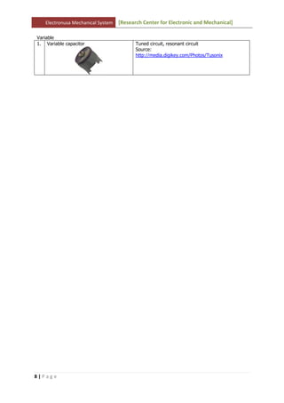 Electronusa Mechanical System   [Research Center for Electronic and Mechanical]

Variable
1. Variable capacitor                     Tuned circuit, resonant circuit
                                          Source:
                                          http://media.digikey.com/Photos/Tusonix




8|Page
 