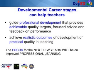 RCTQ
▪ guide professional development that provides
achievable quality targets, focused advice and
feedback on performance
▪ achieve realistic outcomes of development of
practical quality in teaching
Developmental Career stages
can help teachers
The FOCUS for the NEXT FEW YEARS WILL be on
improved PROFESSIONAL LEARNING
 