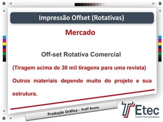 Impressão Offset (Rotativas)
Mercado
Off-set Rotativa Comercial
(Tiragem acima de 30 mil tiragens para uma revista)
Outros materiais depende muito do projeto e sua
estrutura.
 