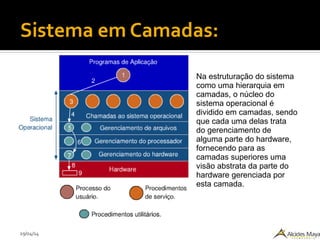 29/04/14
Sistema em Camadas:
Na estruturação do sistema
como uma hierarquia em
camadas, o núcleo do
sistema operacional é
dividido em camadas, sendo
que cada uma delas trata
do gerenciamento de
alguma parte do hardware,
fornecendo para as
camadas superiores uma
visão abstrata da parte do
hardware gerenciada por
esta camada.
 