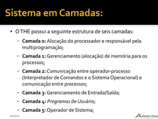 29/04/14
Sistema em Camadas:
● OTHE possui a seguinte estrutura de seis camadas:
– Camada 0: Alocação do processador e responsável pela
multiprogramação;
– Camada 1: Gerenciamento (alocação) de memória para os
processos;
– Camada 2: Comunicação entre operador-processo
(Interpretador de Comandos e o Sistema Operacional) e
comunicação entre processos;
– Camada 3: Gerenciamento de Entrada/Saída;
– Camada 4: Programas de Usuário;
– Camada 5: Operador de Sistema;
 