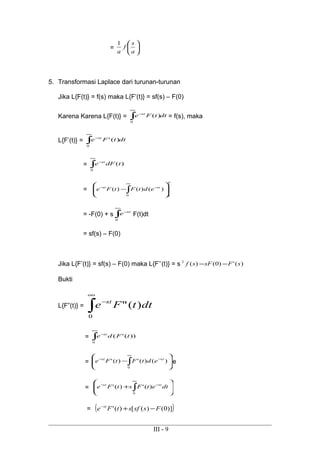 = 





a
s
f
a
1
5. Transformasi Laplace dari turunan-turunan
Jika L{F(t)} = f(s) maka L{F’(t)} = sf(s) – F(0)
Karena Karena L{F(t)} = dttFe st
∫
∞
−
0
)( = f(s), maka
L{F’(t)} = dttFe st
∫
∞
−
0
)('
= ∫
∞
−
0
)(tdFe st
=
p
stst
edtFtFe
00
)()()( 







−∫
∞
−−
= -F(0) + s ∫
∞
−
0
st
e F(t)dt
= sf(s) – F(0)
Jika L{F’(t)} = sf(s) – F(0) maka L{F’’(t)} = s )(')0()(2
sFsFsf −−
Bukti
L{F”(t)} =
∫
∞
−
0
)(" dttFe st
= ∫
∞
−
0
))('( tFde st
= 







−∫
∞
−−
0
)()(')(' stst
edtFtFe e
= 







+ ∫
∞
−−
0
)(')(' dtetFstFe stst
= ( ))]0()([)(' FssfstFe st
−+−
III - 9
 