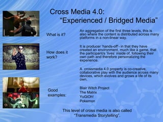 Cross Media 4.0:
“Experienced / Bridged Media”
An aggregation of the first three levels, this is
also where the content is distributed across many
platforms in a non-linear way.
It is producer ‘hands-off’- in that they have
created an environment, much like a game, that
the participant/s ‘lives’ inside of, following their
own path and therefore personalizing the
experience.
A crossmedia 4.0 property is co-creative,
collaborative play with the audience across many
devices, which evolves and grows a life of its
own.
Blair Witch Project
The Matrix
YuGiOh!
Pokemon
What is it?
How does it
work?
Good
examples:
This level of cross media is also called
“Transmedia Storytelling”.
 