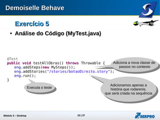 Módulo 3 – Automação Desktop 23
Exercício 5Exercício 5

Análise do Código (MyTest.java)Análise do Código (MyTest.java)
@Test
public void testAllObras() throws Throwable {
eng.addSteps(new MySteps());
eng.addStories("/stories/botaoDireito.story");
eng.run();
}
Adiciona a nova classe de
passos no contexto
Adicionamos apenas a
história que rodarenis,
que será criada na sequência
Executa o teste
 