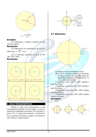 Editora Exato 10
A
B
αcentro
R
( )comp AB
R
α =
Exemplo:
E.1) Determine a medida do ângulo de uma
volta em radiano.
Resolução:
O comprimento da circunferência de raio R é
2πR. Logo,
2 R
2 rad
R
π
α = = π .
E.2) A ilustração representa os arcos de 90º,
180º, 270º e 360º.
Resolução:
de 1 volta: 270° ou
3
4 2
3π
de 1 volta: 180° ou1
2
π
1 volta: 360° ou 2 π
de 1 volta: 90° ou1
4 2
π
rad
rad rad
rad
5. CICLO TRIGONOMÉTRICO
Define-se como ciclo trigonométrico a toda
circunferência orientada, de raio unitário e centro no
sistema de coordenadas cartesianas. Por convenção, o
ponto P(1,0) é a origem da orientação, o sentido posi-
tivo é o sentido anti-horário e negativo no sentido ho-
rário. Observe a representação.
0 1
P(1,0)
sentido
anti-horário
(positivo)
sentido
horário
(negativo)
5.1. Elementos
90º
180º
270º
360º
origem 0º
λ
Considere o ciclo trigonométrico acima.
Os eixos cartesianos limitam a circunferên-
cia trigonométrica (λ) em quatro partes de-
nominadas quadrantes e numeradas de 1 a
4, no sentido anti-horário.
1º quadrante: arcos entre 0º e 90º, medidos a
partir da origem.
2º quadrante: arcos entre 90º e 180º, medidos a
partir da origem.
3º Quadrante: arcos entre 180º e 270º, medidos
a partir da origem.
4º Quadrante: arcos entre 270º e 360º, medidos
a partir da origem.
Exemplos:
E.1)
0°
360°
270°
180°
90°
π
3p
2
2p
π
2
π
3π
2
2p
p
2 =
= =
=
1,57
3,14
4,71
6,28
 