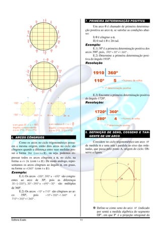 Editora Exato 11
π
6
π
3
π
22π
3
3π
4
5π
6
7π
6
10π
6
5π
4
7π
4
4π
3
5π
3
π
4
3π
2
0°
π
0°
π
5π
6
3π
4
2π
3 π
2
π
3
π
4
π
6
11π
6
7π
4
5π
3
3π
24π
3
5π
4
7π
6
α
360° a180° + a
180° a α
2 αππ α+
π α
a em graus (0° < a < 90°)
ângulos correspondentes
a a no 2ºQ, 3ºQ e 4ºQ
ângulos correspondentes
a a no 2ºQ, 3ºQ e 4ºQ
a em radianos 0 < a <
α
2
6. ARCOS CÔNGRUOS
Como os arcos no ciclo trigonométrico possu-
em a mesma origem, então dois arcos no ciclo são
côngruos quando a diferença entre suas medidas pos-
sui a forma 2kπ ( )com k ∈ z , ou seja, podemos ex-
pressar todos os arcos côngruos a α, no ciclo, na
forma k 2α + ⋅ π (com k ∈ z ). De modo análogo, repre-
sentamos os arcos côngruos ao ângulo α, em graus,
na forma k360ºα + (com k ∈ z ).
Exemplo:
E.1) Os arcos 330º, 390º e 690º− − são congru-
entes ao arco de 30º, pois as diferenças
( )30 330º , 30º 390º e 690º 30º− − − − − são múltiplas
de 360º.
E.2) Os arcos 10º e 710º− são côngruos ao ar-
co 350º, pois 10º 350º 1.360º− = − e
710º 350º 1.360º= + .
7. PRIMEIRA DETERMINAÇÃO POSITIVA
Um arco θ é chamado de primeira determina-
ção positiva ao arco α, se satisfaz as condições abai-
xo:
I) θ é côngruo a α.
II) 0 rad ≤ θ < 2π rad.
Exemplo:
E.1) 30º é a primeira determinação positiva dos
arcos 390º, pois, 390º 30º 1 360º= + ⋅ .
E.2) Determine a primeira determinação posi-
tiva do ângulo 1910º.
Resolução
1910 360º
110º 5 Número de voltas
1ª determinação positiva
E.3) Encontre a primeira determinação positiva
do ângulo 1720º.
Resolução:
1720º 360º
280º 4 Número de voltas
1ª determinação positiva
8. DEFINIÇÃO DE SENO, COSSENO E TAN-
GENTE DE UM ARCO
Considere no ciclo trigonométrico um arco AP
de medida α e uma reta t paralela ao eixo das orde-
nadas, que passa pelo ponto A, origem do ciclo. Ob-
serve a figura.
0
A
P
t
α
Define-se como seno do arco AP (indicado
por senα) a medida algébrica do segmento
OP’, em que P’ é a projeção ortogonal do
 