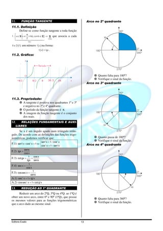 Editora Exato 13
11. FUNÇÃO TANGENTE
11.1. Definição
Define-se como função tangente a toda função
}
( )
( )
{
CD f
D f
f : x x k ,comk
2
 π
∈ ≠ + π ∈ →
1444442444443
R Z R que associa a cada
( )∈X D f um número ( )f x na forma:
( )t x tgx= .
11.2. Gráfico:
π/2 π 2π
O
3 /2π
y
xπ/2
Período
11.3. Propriedade:
A tangente é positiva nos quadrantes 1º e 3º
e negativa no 2º e 4º quadrante.
O período da função tangente é π.
A imagem da função tangente é o conjunto
dos reais.
12. RELAÇÕES FUNDAMENTAIS E AUXI-
LIARES
Se x é um ângulo agudo num triângulo retân-
gulo. De acordo com as definições das funções trigo-
nométricas, podemos verificar que:
F.1)
2 2
2 2
2 2
sen x 1 cos x
sen x cos x 1
cos x 1 sen x
= −
+ = ⇔ 
= −
F.2)
senx
tgx
cos x
=
F.3)
1 cos x
cot gx
tgx senx
= =
F.4)
1
sec x
cos x
=
F.5)
1
cossec x
senx
=
A.1) 2 2
sec x 1 tg x= +
A.2) 2 2
cossec x 1 cot g x= +
13. REDUÇÃO AO 1º QUADRANTE
Reduzir um arco do 2ºQ, 3ºQ ou 4ºQ. ao 1ºQ é
obter um novo arco, entre 0º e 90º (1ºQ), que possui
os mesmos valores para as funções trigonométricas
que o arco dado ao mesmo sinal.
Arco no 2º quadrante
360º
0º
90º
180º
270º
M
Quanto falta para 180º?
Verifique o sinal da função.
Arco no 3º quadrante
360º
0º
90º
180º
270º
M
Quanto passa de 180º?
Verifique o sinal da função.
Arco no 4º quadrante
360º
0º
90º
180º
270º
M
Quanto falta para 360º?
Verifique o sinal da função.
 