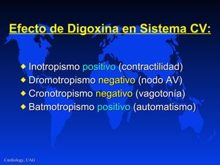 Efect o   de  Digoxin a   e n S i stem a CV : Inotropismo  positivo  (contractilidad) Dromotropismo  negativo  (nodo AV) Cronotropismo  negativo  (vagotonía) Batmotropismo  positivo  (a utomati smo) 