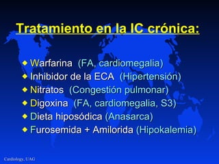 Tratamiento en la IC crónica: W arfarin a   (F A , cardiomegal ia ) I nhibidor de la ECA   (H i pertensi ó n) N itrat o s   ( C ongesti ó n  p ulmonar) D igoxin a   (F A , cardiomegal ia , S3) D ieta hiposódica  (Anasarca) F urosemida + Amilorid a   (H i pokalemia) 