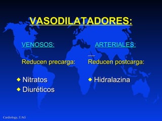 VASODILAT AD OR E S: VENO SOS : Reduce n precarga : Nitrat o s Diur é tic o s ARTERIAL ES : Reducen  postcarga : Hidralazin a 
