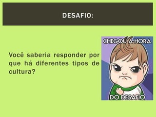 Você saberia responder por
que há diferentes tipos de
cultura?
DESAFIO:
 
