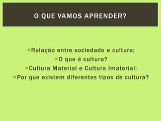 Relação entre sociedade e cultura;
O que é cultura?
Cultura Material e Cultura Imaterial;
Por que existem diferentes tipos de cultura?
O QUE VAMOS APRENDER?
 