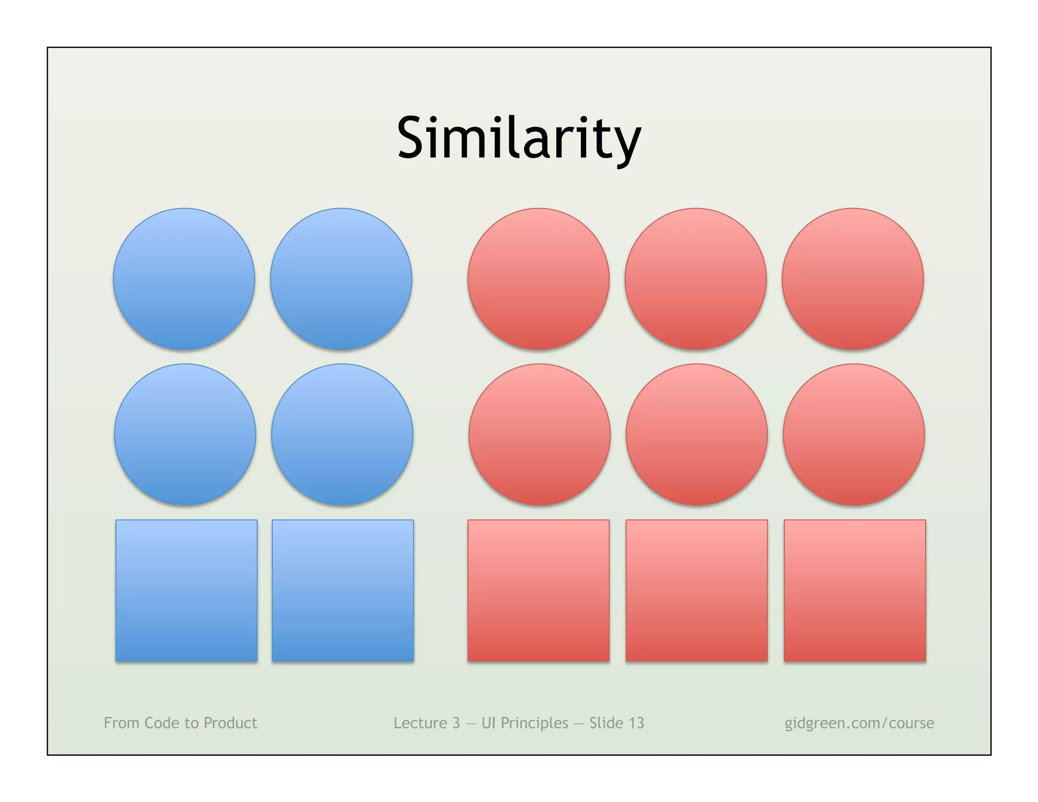 Similarity




From Code to Product   Lecture 3 — UI Principles — Slide 13   gidgreen.com/course
 