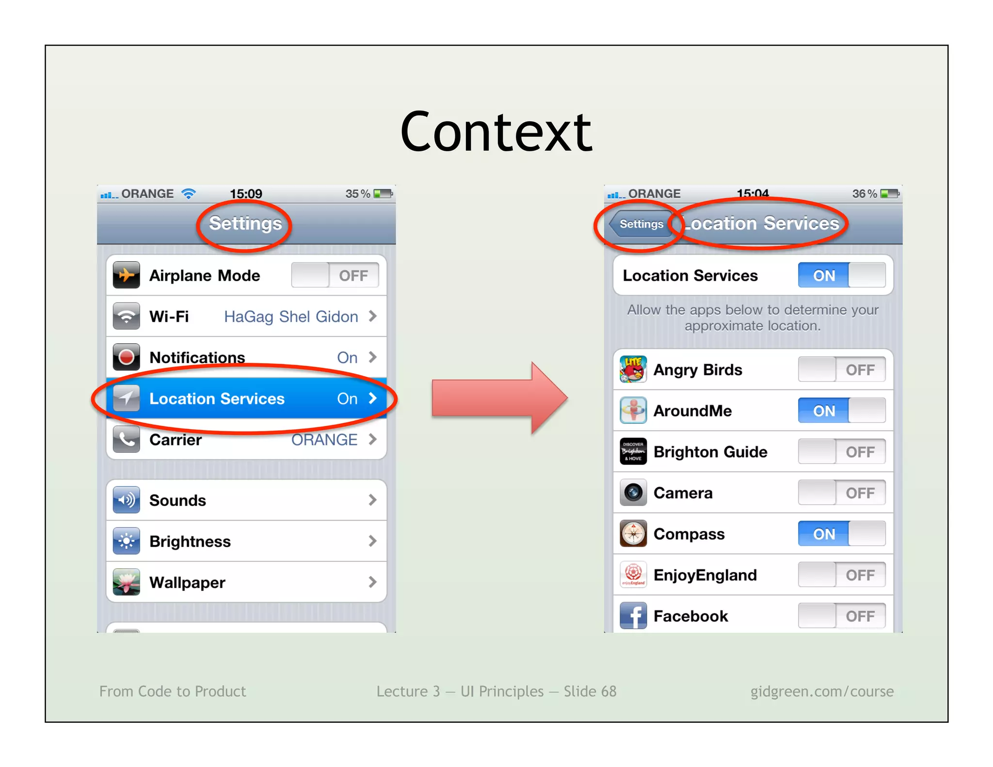 Context




From Code to Product   Lecture 3 — UI Principles — Slide 68   gidgreen.com/course
 