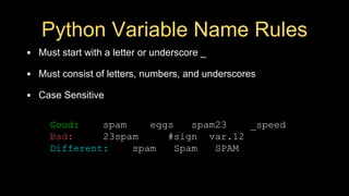 Python Variable Name Rules
• Must start with a letter or underscore _
• Must consist of letters, numbers, and underscores
• Case Sensitive
Good: spam eggs spam23 _speed
Bad: 23spam #sign var.12
Different: spam Spam SPAM
 
