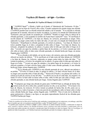 Vayikra (El llamó) – arqyw -- Levítico

                                 Parashah 24: Vayikra (El llamó) 1:1-5:26 (6:7)
         1
           YAHWEH llamó[ 1] a Moshe y habló con él desde el Tabernáculo del Testimonio. El dijo: 2
    1   "Habla con los hijos de Yisra'el; dile a ellos: 'Cuando cualquiera de ustedes traiga una ofrenda
    a YAHWEH, pueden traer su ofrenda animal del rebaño o de la manada. 3 Si su ofrenda es ofrenda
    quemada de la manada, ofrecerá un macho sin defecto. Lo traerá a la entrada del Tabernáculo del
    Testimonio, para que pueda ser aceptada por YAHWEH. 4 Pondrá su mano sobre la cabeza de la
    ofrenda quemada, y será aceptada en nombre de él para hacer expiación[ 2] suya. 5 El sacrificará el
    novillo delante de YAHWEH; y los hijos de Aharon, los kohanim, presentarán la sangre. Ellos
    salpicarán la sangre contra todos los lados del altar, el cual está a la entrada del Tabernáculo del
    Testimonio. 6 Despellejará la ofrenda quemada y la cortará en pedazos. 7 Los hijos de Aharon el
    kohen pondrán fuego en el altar y arreglarán la leña sobre el fuego. 8 Los hijos de Aharon, los
    kohanim , arreglarán los pedazos, la cabeza y la grasa sobre la leña que está sobre el fuego en el
    altar. 9 Lavarán con agua las entrañas y partes bajas de las piernas, y el kohen causará que todo
    ello suba en humo sobre el altar como ofrenda quemada; es ofrenda hecha por fuego, un aroma
    fragante para YAHWEH.
             10
                "Si su ofrenda es del rebaño, así sea de ovejas o de carneros, para una ofrenda quemada,
    ofrecerá un macho sin defecto. 11 El la sacrificará en el lado norte del altar delante de YAHWEH;
    y los hijos de Aharon, los kohanim, salpicarán su sangre contra todos los lados del altar. 12 La
    cortará en pedazos, y el kohen los arreglará con la cabeza y la grasa sobre la leña que está sobre el
    fuego en el altar. 13 Lavará con agua las entrañas y las partes bajas de las piernas; y el kohen lo
    ofrecerá completo y lo hará volverse humo sobre el altar como ofrenda quemada; es una ofrenda
    hecha por fuego, aroma fragante para YAHWEH.
             14
                "Si su ofrenda para YAHWEH es una ofrenda quemada de aves, ofrecerá una paloma o
    un pichón. 15 El kohen lo traerá al altar, le quitará la cabeza, y lo hará volverse humo en el altar;
    su sangre será escurrida sobre el lado del altar. 16 Removerá el buche y sus plumas del cuello y lo
    echará en la pila de cenizas al este del altar. 17 Lo abrirá con un ala en cada lado, sin rasgarlo a la
    mitad. El kohen lo hará subir en humo sobre el altar, sobre la leña que está sobre el fuego, como
    ofrenda quemada; es una ofrenda hecha por fuego. Aroma fragante para YAHWEH.
         1

    2     "Cualquiera que traiga una ofrenda de grano para YAHWEH hará su ofrenda de harina fina;
        verterá aceite de oliva sobre ella y pondrá incienso en ella, es un sacrificio. 2 El la traerá a los
    hijos de Aharon, los kohanim. El kohen tomará un puñado de harina fina de ello, junto con su
    aceite de oliva y todo el incienso, y hará esta porción de recordatorio subir en humo sobre el altar
    como ofrenda hecha por fuego, aroma fragante para YAHWEH. 3 Pero el resto de la ofrenda de
    grano pertenecerá a Aharon y sus hijos; es una parte especialmente Kadosh de las ofrendas para
    YAHWEH hechas por fuego.

1
  Todos los nombres de los libros de la Toráh han sido cambiados y manipulados por los traductores, sin embargo, cada libro
lleva el nombre que está en la primera oración del libro, a saber "El llam Vayika" y no Levítico.
                                                                          ó/
2
  La palabra para expiación en Hebreo es kofar o cubrir y habla de un indulto temporal, limitado y condicional, la sangre de
toros, carneros y machos cabríos y las ofrendas de harina, aceite y pichones eran todos limitados y condicionales, pero no
universales para ambos pecados de comisión y omisión para todos los hombres en todos los lugares. Pero en Yom Kippur, el
perdón era todos los pecados, y en Yahshúa la persona es perdonada, por todos los tiempos y épocas por venir.
 