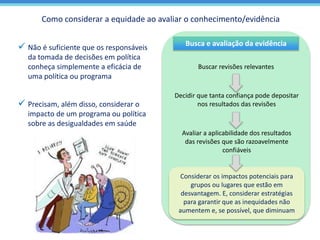 Buscar revisões relevantes
Decidir que tanta confiança pode depositar
nos resultados das revisões
Avaliar a aplicabilidade dos resultados
das revisões que são razoavelmente
confiáveis
Considerar os impactos potenciais para
grupos ou lugares que estão em
desvantagem. E, considerar estratégias
para garantir que as inequidades não
aumentem e, se possível, que diminuam
Como considerar a equidade ao avaliar o conhecimento/evidência
 Não é suficiente que os responsáveis
da tomada de decisões em política
conheça simplemente a eficácia de
uma política ou programa
 Precisam, além disso, considerar o
impacto de um programa ou política
sobre as desigualdades em saúde
Busca e avaliação da evidência
 