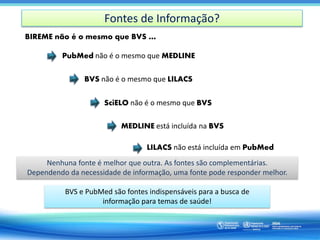Fontes de Informação?
BVS e PubMed são fontes indispensáveis para a busca de
informação para temas de saúde!
Nenhuna fonte é melhor que outra. As fontes são complementárias.
Dependendo da necessidade de informação, uma fonte pode responder melhor.
PubMed não é o mesmo que MEDLINE
BVS não é o mesmo que LILACS
SciELO não é o mesmo que BVS
MEDLINE está incluída na BVS
LILACS não está incluída em PubMed
BIREME não é o mesmo que BVS …
 