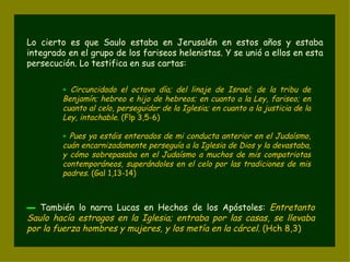 Lo cierto es que Saulo estaba en Jerusalén en estos años y estaba integrado en el grupo de los fariseos helenistas. Y se unió a ellos en esta persecución. Lo testifica en sus cartas: +   Circuncidado el octavo día; del linaje de Israel; de la tribu de Benjamín; hebreo e hijo de hebreos; en cuanto a la Ley, fariseo; en cuanto al celo, perseguidor de la Iglesia; en cuanto a la justicia de la Ley, intachable.  (Flp 3,5-6) +   Pues ya estáis enterados de mi conducta anterior en el Judaísmo, cuán encarnizadamente perseguía a la Iglesia de Dios y la devastaba, y cómo sobrepasaba en el Judaísmo a muchos de mis compatriotas contemporáneos, superándoles en el celo por las tradiciones de mis padres.  (Gal 1,13-14) ▬   También lo narra Lucas en Hechos de los Apóstoles:  Entretanto Saulo hacía estragos en la Iglesia; entraba por las casas, se llevaba por la fuerza hombres y mujeres, y los metía en la cárcel.  (Hch 8,3) 