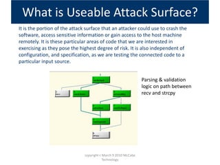 It is the portion of the attack surface that an attacker could use to crash the
software, access sensitive information or gain access to the host machine
remotely. It is these particular areas of code that we are interested in
exercising as they pose the highest degree of risk. It is also independent of
configuration, and specification, as we are testing the connected code to a
particular input source.
What is Useable Attack Surface?
Parsing & validation
logic on path between
recv and strcpy
copyright c March 9 2010 McCabe
Technology
 