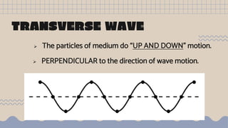 TRANSVERSE WAVE
 The particles of medium do “UP AND DOWN” motion.
 PERPENDICULAR to the direction of wave motion.
 