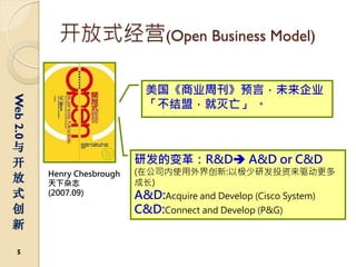 开放式经营(Open Business Model)

                               美国《商业周刊》预言，未来企业
Web 2.0




                               「不结盟，就灭亡」 。


与
开                            研发的变革：R&D A&D or C&D
          Henry Chesbrough   (在公司内使用外界创新:以极少研发投资来驱动更多
放         天下杂志               成长)
式         (2007.09)          A&D:Acquire and Develop (Cisco System)
创                            C&D:Connect and Develop (P&G)
新

  5
 