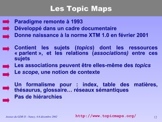 Les Topic Maps Paradigme remonte à 1993 Développé dans un cadre documentaire Donne naissance à la norme XTM 1.0 en février 2001 Contient les sujets ( topics ) dont les ressources « parlent », et les relations ( associations)  entre ces sujets Les associations peuvent être elles-même des  topics Le  scope , une notion de contexte Un formalisme pour : index, table des matières, thésaurus, glossaire… réseaux sémantiques Pas de hiérarchies http://www.topicmaps.org/ 