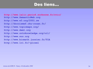 Des liens... http://www.lalic.paris4.sorbonne.fr/stic/   http://www.SemanticWeb.org http://www.w3.org/2001.sw http://doccismef.chu-rouen.fr/ http://www.topicmaps.org/ http://www.daml.org http://www.ontoknowledge.org/oil/ http://www.suo.org http://www.biomath.jussieu.fr/TIA http://www.lri.fr/~picsel 