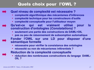 Quels choix pour  l'OWL ? <ul><li>Quel niveau de complexité est nécessaire ? </li></ul><ul><ul><li>complexité algorithmiqu...