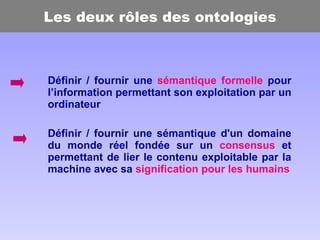 Les deux rôles des ontologies Définir / fournir une  sémantique formelle  pour l’information permettant son exploitation p...