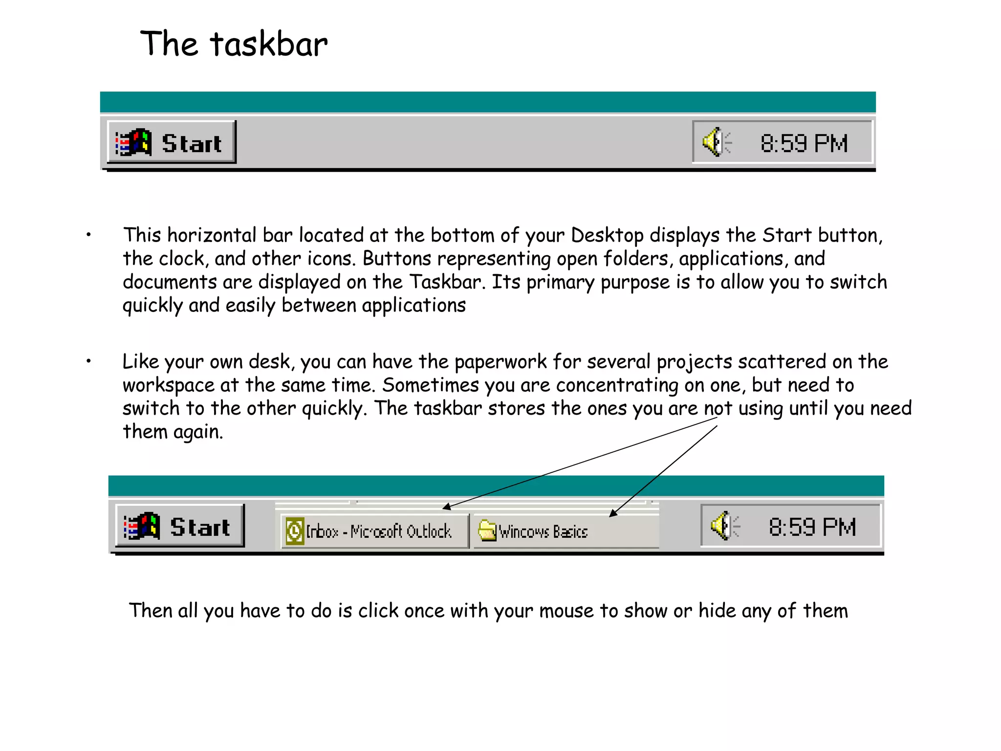 The taskbar This horizontal bar located at the bottom of your Desktop displays the Start button, the clock, and other icons. Buttons representing open folders, applications, and documents are displayed on the Taskbar. Its primary purpose is to allow you to switch quickly and easily between applications  Like your own desk, you can have the paperwork for several projects scattered on the workspace at the same time. Sometimes you are concentrating on one, but need to switch to the other quickly. The taskbar stores the ones you are not using until you need them again. Then all you have to do is click once with your mouse to show or hide any of them 