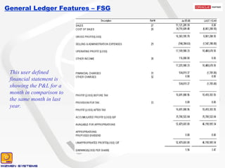 General Ledger Features – FSG This user defined financial statement is showing the P&L for a month in comparison to the same month in last year.  