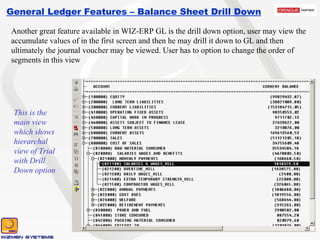 General Ledger Features – Balance Sheet Drill Down Another great feature available in WIZ-ERP GL is the drill down option, user may view the accumulate values of in the first screen and then he may drill it down to GL and then ultimately the journal voucher may be viewed. User has to option to change the order of segments in this view This is the main view which shows hierarchal view of Trial with Drill Down option 