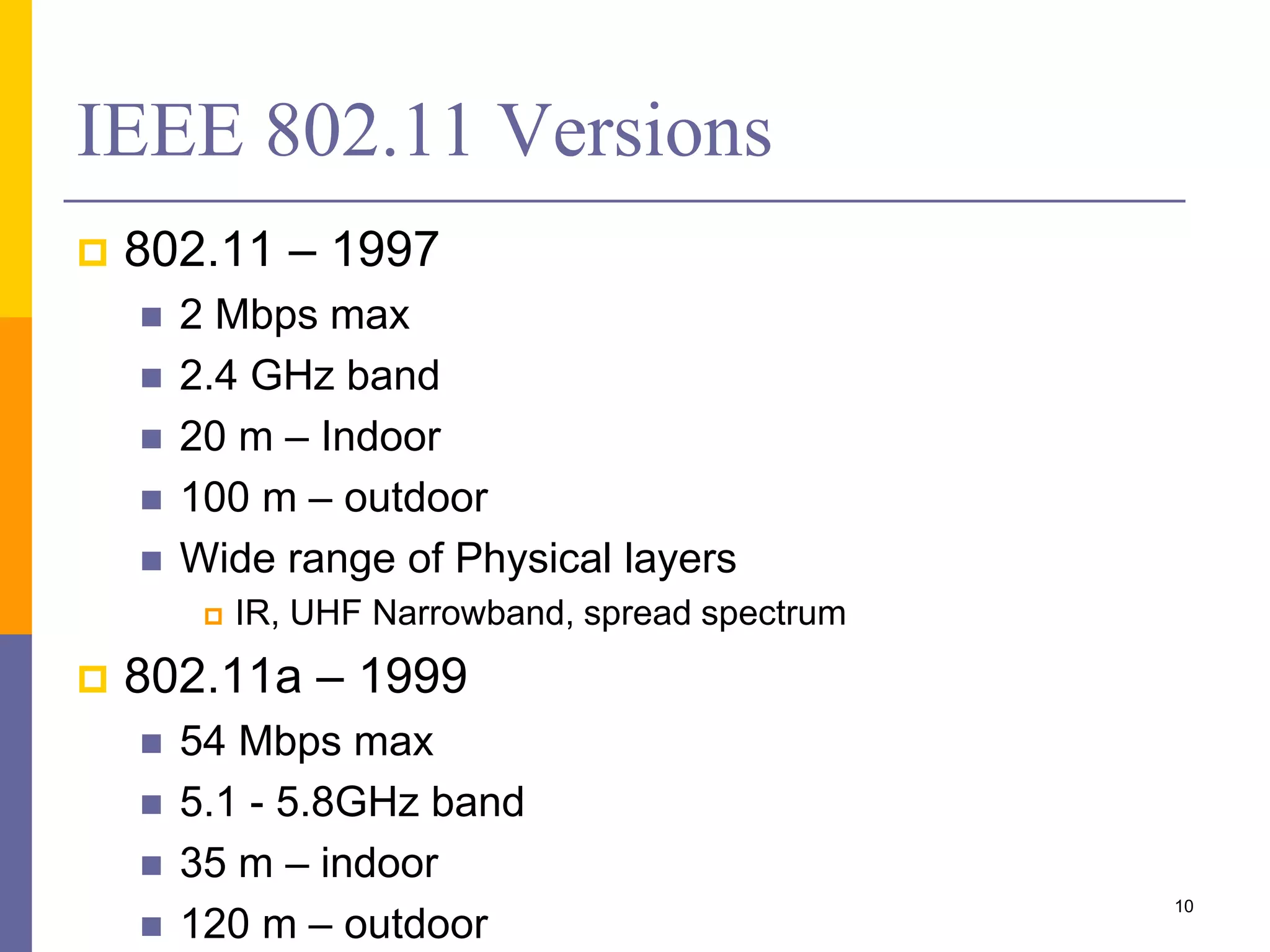IEEE 802.11 Versions
 802.11 – 1997
 2 Mbps max
 2.4 GHz band
 20 m – Indoor
 100 m – outdoor
 Wide range of Physical layers
 IR, UHF Narrowband, spread spectrum
 802.11a – 1999
 54 Mbps max
 5.1 - 5.8GHz band
 35 m – indoor
 120 m – outdoor
10
 