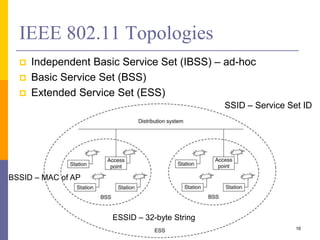 IEEE 802.11 Topologies
 Independent Basic Service Set (IBSS) – ad-hoc
 Basic Service Set (BSS)
 Extended Service Set (ESS)
16
SSID – Service Set ID
BSSID – MAC of AP
ESSID – 32-byte String
 