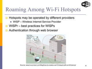 Roaming Among Wi-Fi Hotspots
 Hotspots may be operated by different providers
 WISP – Wireless Internet Service Provider
 WISPr – best practices for WISPs
 Authentication through web browser
20Source: www.truconnect.com/blog/how-to-create-a-wi-fi-hotspot-with-a-mifi-device/
 