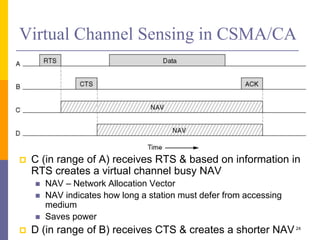 Virtual Channel Sensing in CSMA/CA
 C (in range of A) receives RTS & based on information in
RTS creates a virtual channel busy NAV
 NAV – Network Allocation Vector
 NAV indicates how long a station must defer from accessing
medium
 Saves power
 D (in range of B) receives CTS & creates a shorter NAV24
 