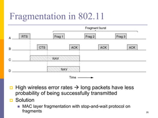 Fragmentation in 802.11
 High wireless error rates  long packets have less
probability of being successfully transmitted
 Solution
 MAC layer fragmentation with stop-and-wait protocol on
fragments 26
 