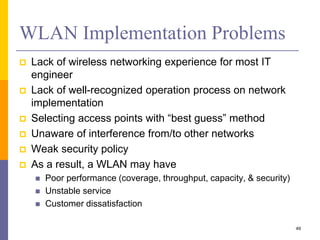 WLAN Implementation Problems
 Lack of wireless networking experience for most IT
engineer
 Lack of well-recognized operation process on network
implementation
 Selecting access points with “best guess” method
 Unaware of interference from/to other networks
 Weak security policy
 As a result, a WLAN may have
 Poor performance (coverage, throughput, capacity, & security)
 Unstable service
 Customer dissatisfaction
49
 